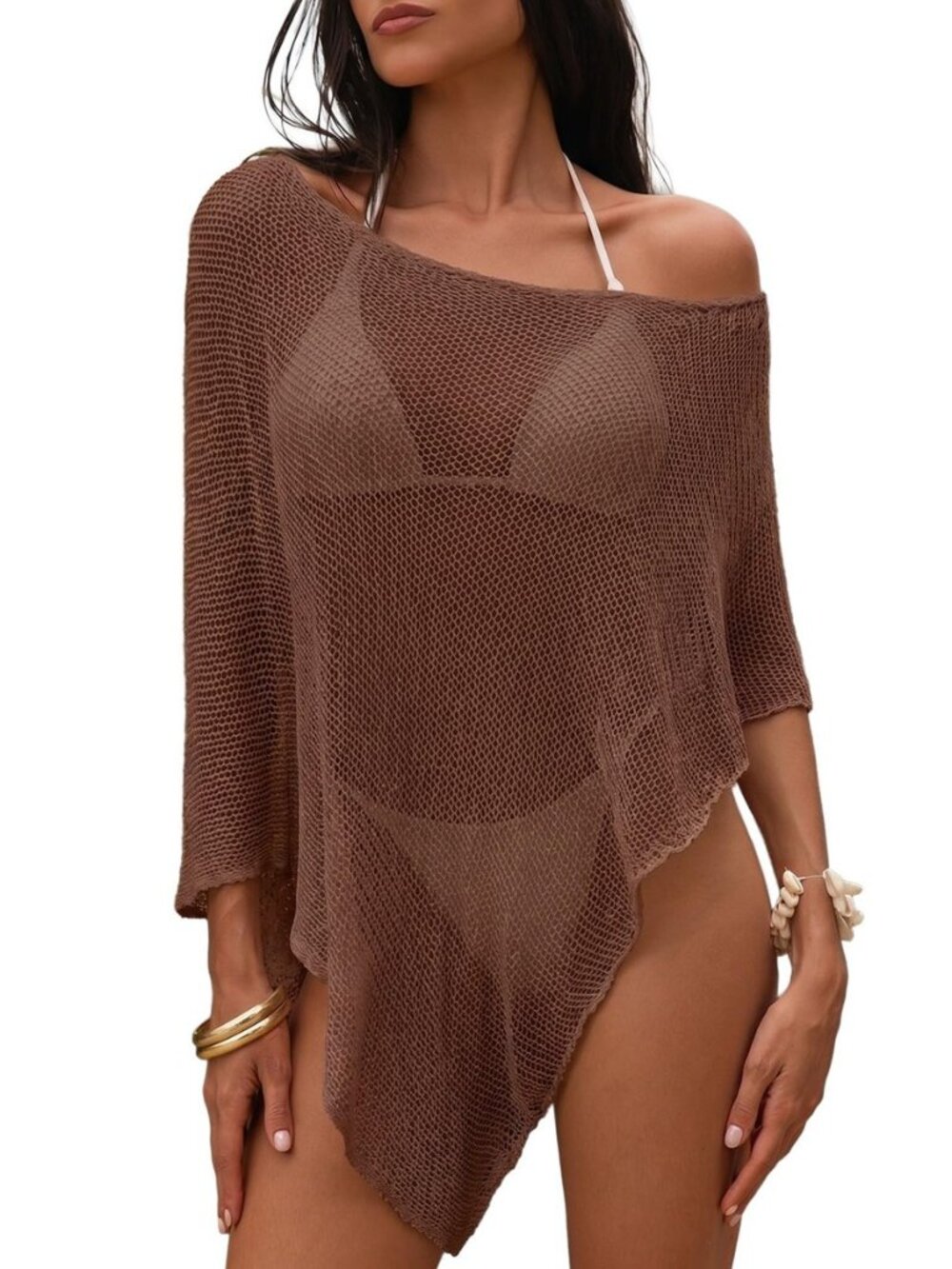 Women Crochet Knit Off The Shoulder Beach Cover Up Mesh Poncho Tops